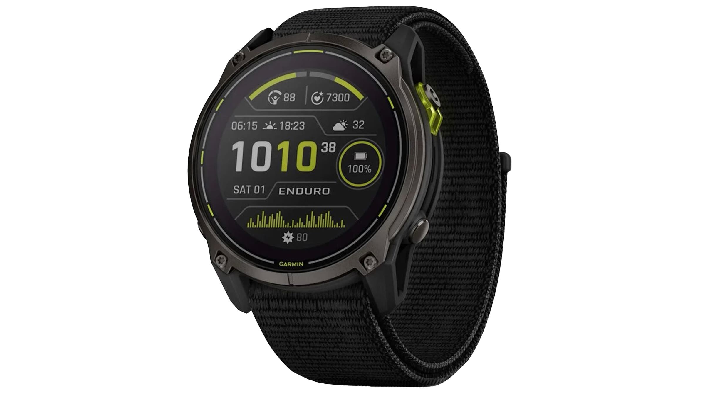 Black Garmin Enduro 3 multisport GPS watch with a fabric strap and bright green digital display accents. Features extended battery life to track route navigation during multi-day fastpacking trips.